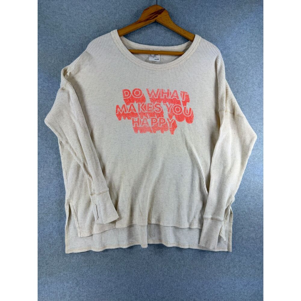 OFFLINE by Aerie Women’s L Waffle Thermal Graphic Top Cream Thumbholes 3705